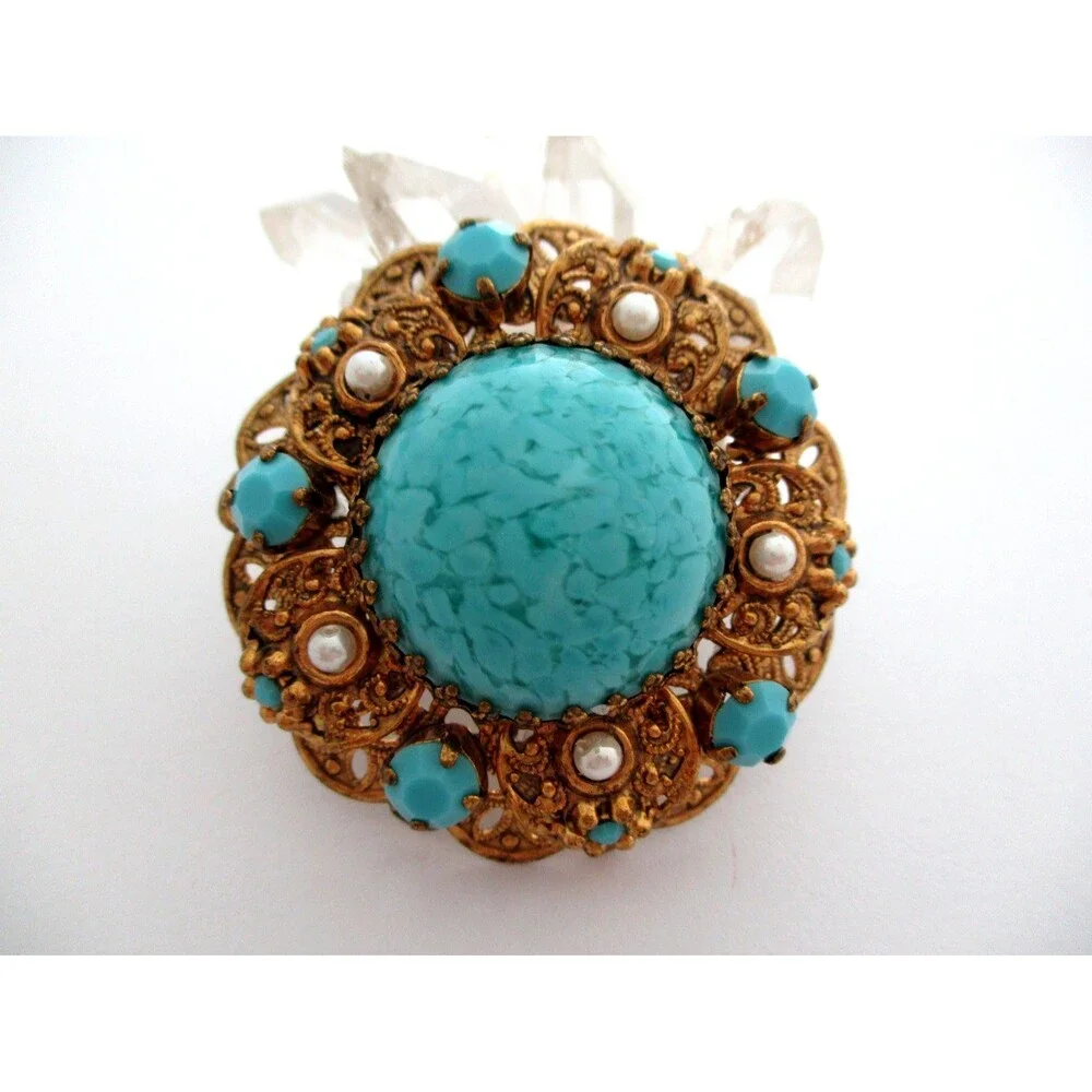 Vintage West  Germany Gold Filigree Turquoise Blue  Pearl Brooch Pin
